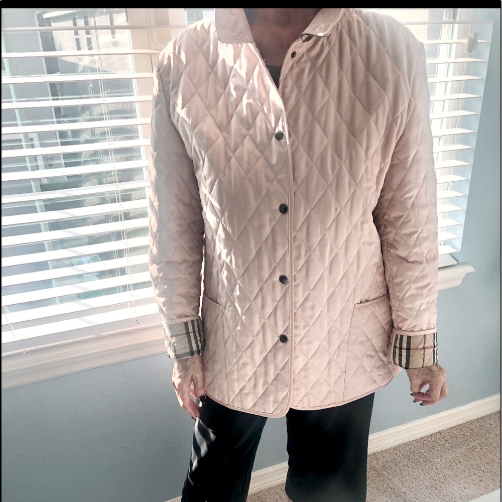 Burberry Pink Quilted Jacket with classic plaid lining &  Silver snaps